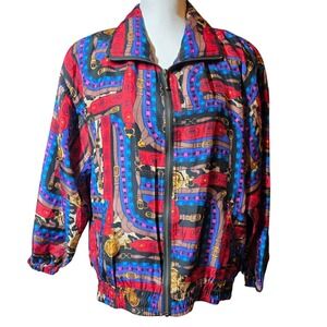 Studio Sportif Silk Jacket Women's M Colorful Belt Buckle Print Zip Up Y2K Retro